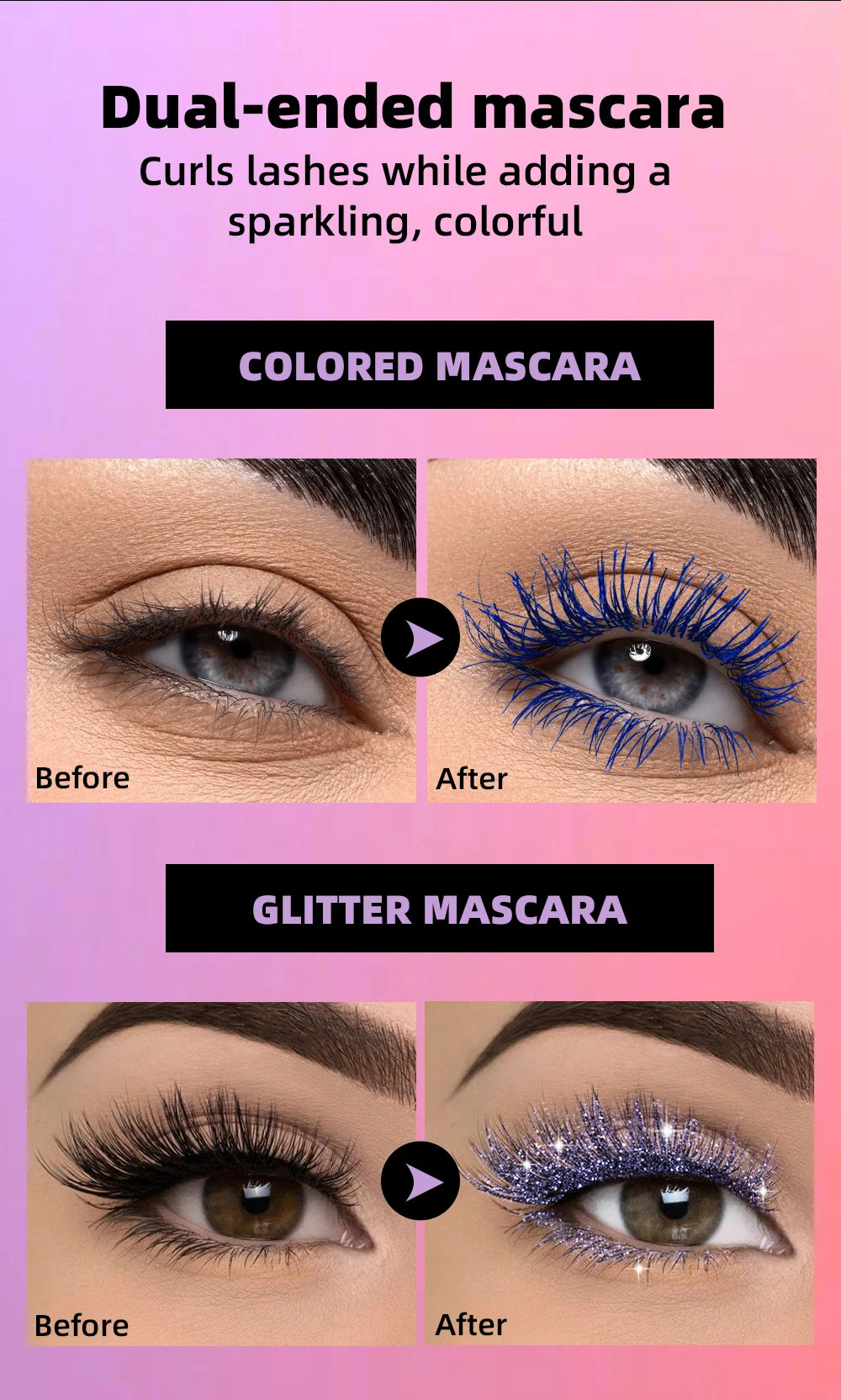 QIBEST Double Head Diamond Glitter Mascara Lasting Colored Mascara Eyelashes Pink Blue Green Red Brown Voluminous Mascara Rimel