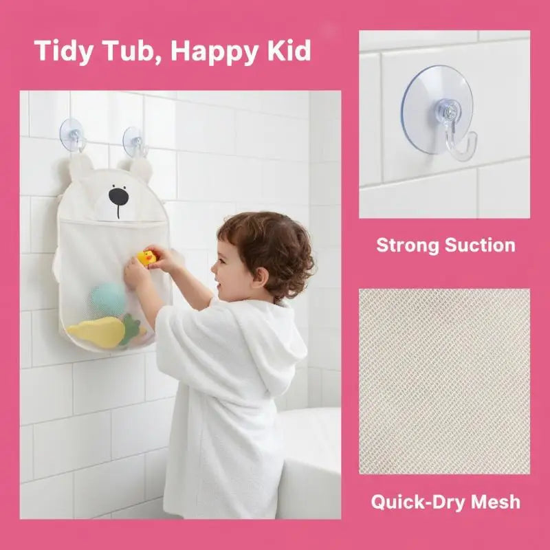 Baby Bathtub Toys Storage Bag Strong Suction Cups Quick Drain Waterproof Mesh Organizer for Kids Bathroom Play Time