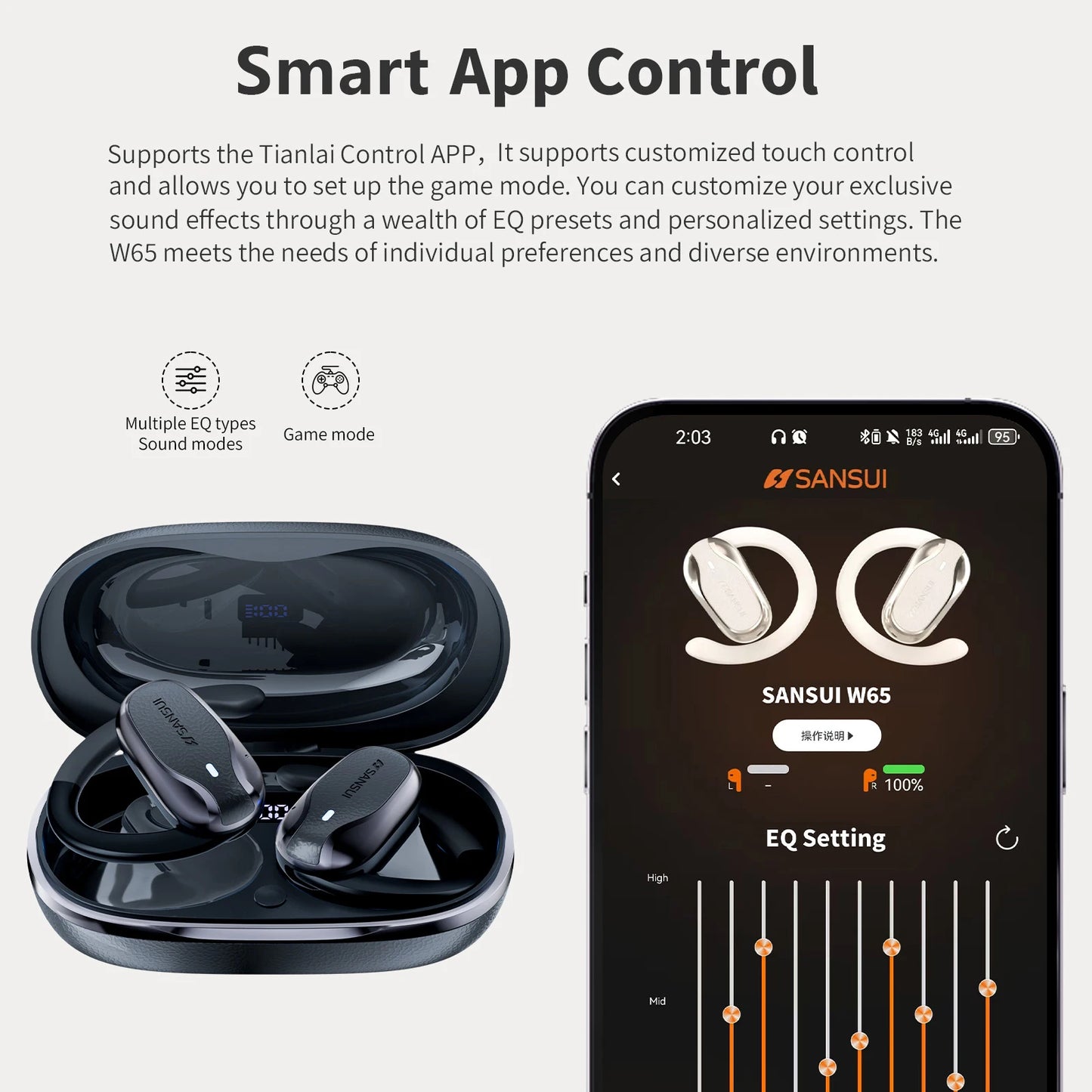 Sansui W65 Air Conduction Bluetooth 5.4 Earphones ENC Noise Canceling Bluetooth Headphone on Ear OWS Wireless Headsets with APP
