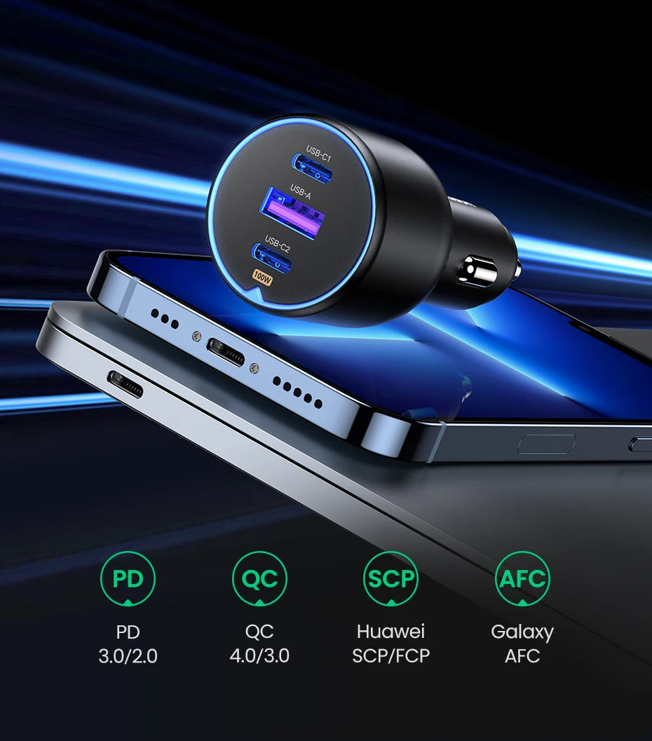 UGREEN 130W Car Charger Quick Charging PD3.0 Fast USB Type C Car Phone Charge For iPhone 14 13 Pro Max Laptops Tabet