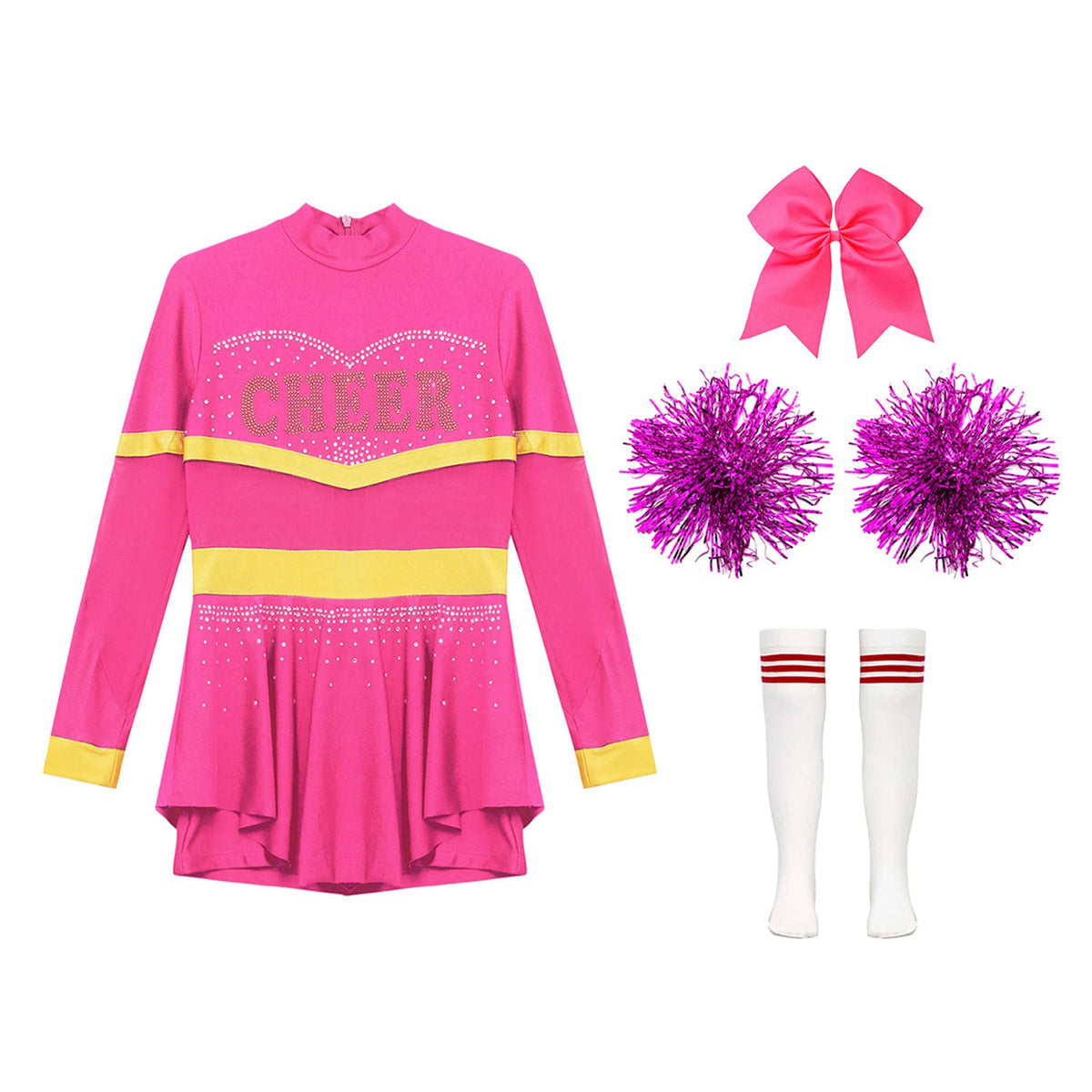 Girls Cheerleader Costume Long Sleeve Cheerleading Uniform Children Cheer Dance Dress Hand Flower Socks Stage Dancewear Sets