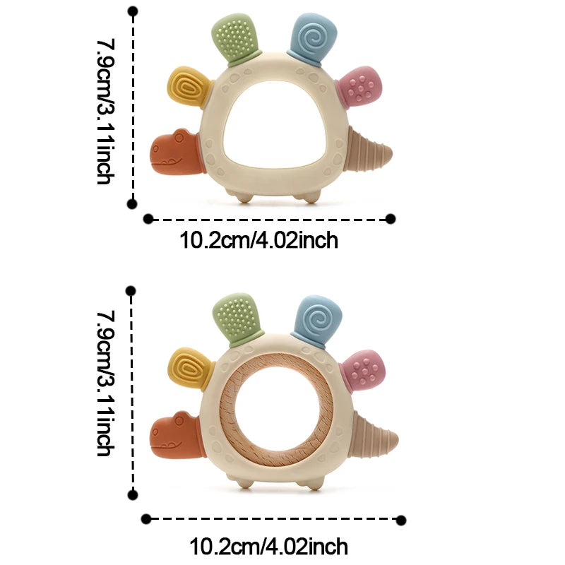 Cartoon Stegosaurus Baby Wooden Ring Silicone Teething Toys Easy to Grip Newborn Gift BPA Free Colorful Infant Chewing Molar Toy