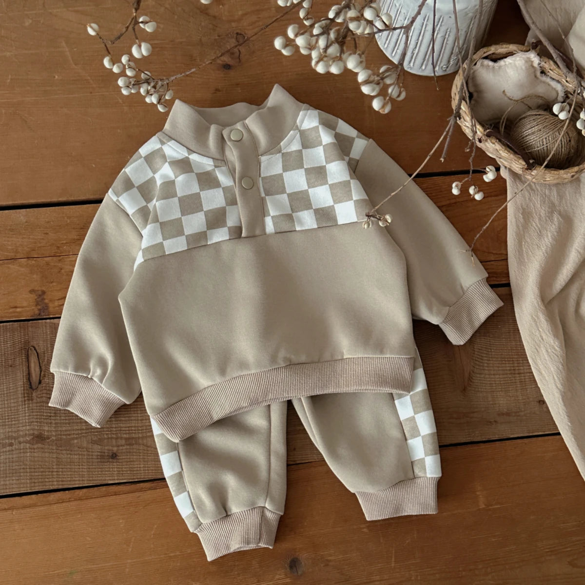 Spring Autumn Baby Boy Checkerboard Stand‑Collar Sweatshirt Set, Infant Khaki Splice Jogger Pants 2‑Pcs Outfit