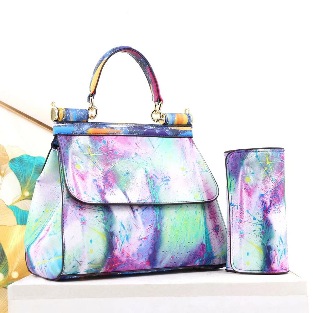 Luxury Women Bags Leather Vintage Painting Art Purse Handbags Girl Shoulder Bag Fashion Cross Body Messenger Bag Female Totes
