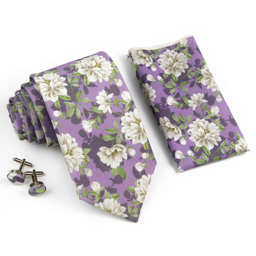 Hot Sell 3PC Chic Elegant Floral Tie Set Pocket Square Cufflinks For Men Women Wedding Party Dinner Suit Tuxedo Accessory Gift