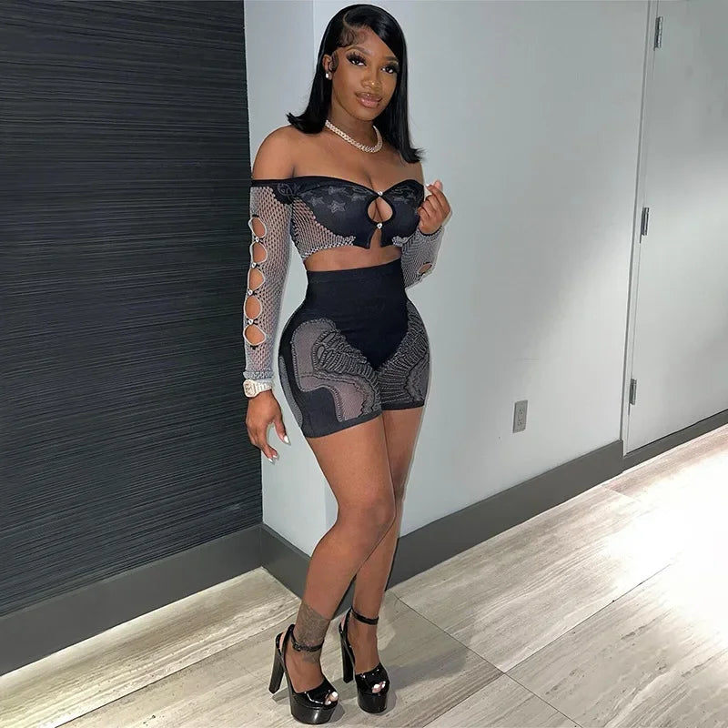 CM.YAYA Street Women's Set Full Sleeve Slash Neck T-Shirt and Shorts Suit 2024 Fall Hollow Out Two 2 Piece Set Outfit Tracksuit