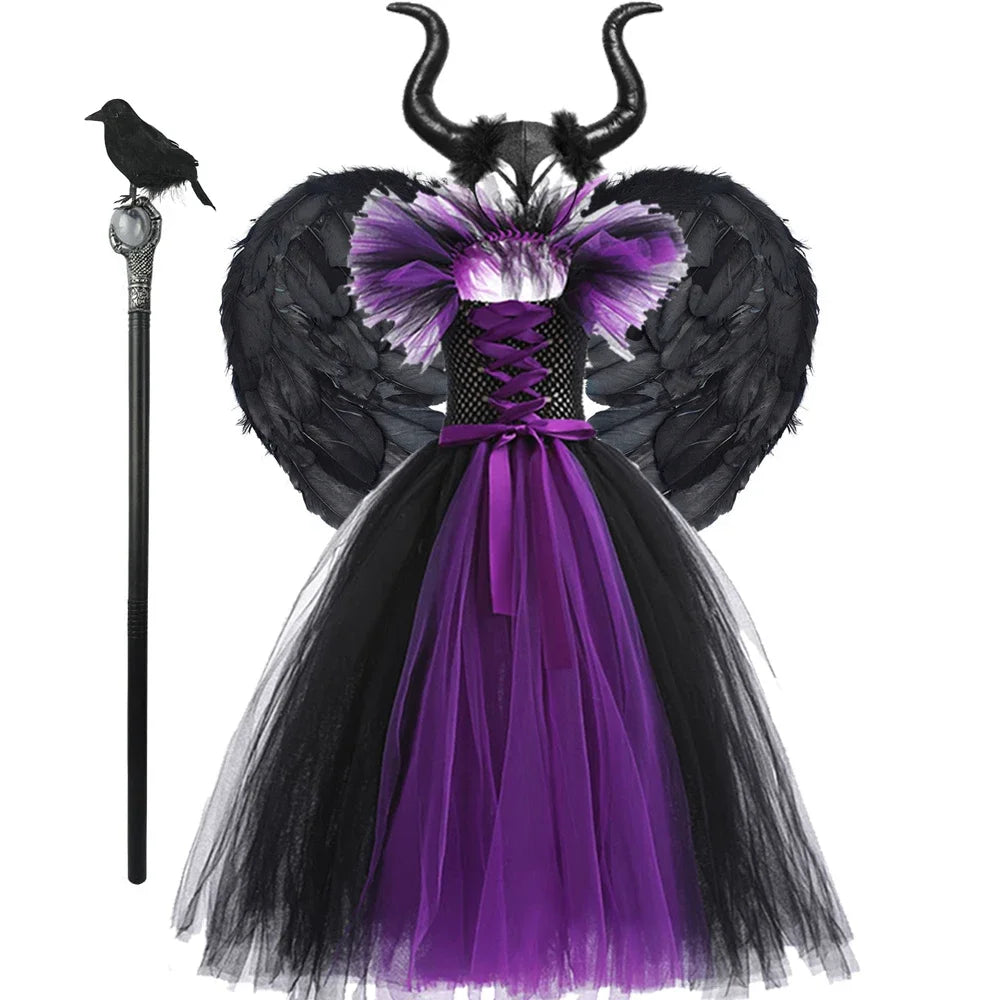 Halloween Costume For Kids Black Purple Witch Dress Luxury Lace Evil Role Playing Costume Maleficent Dress Up Outfit Tulle Dress