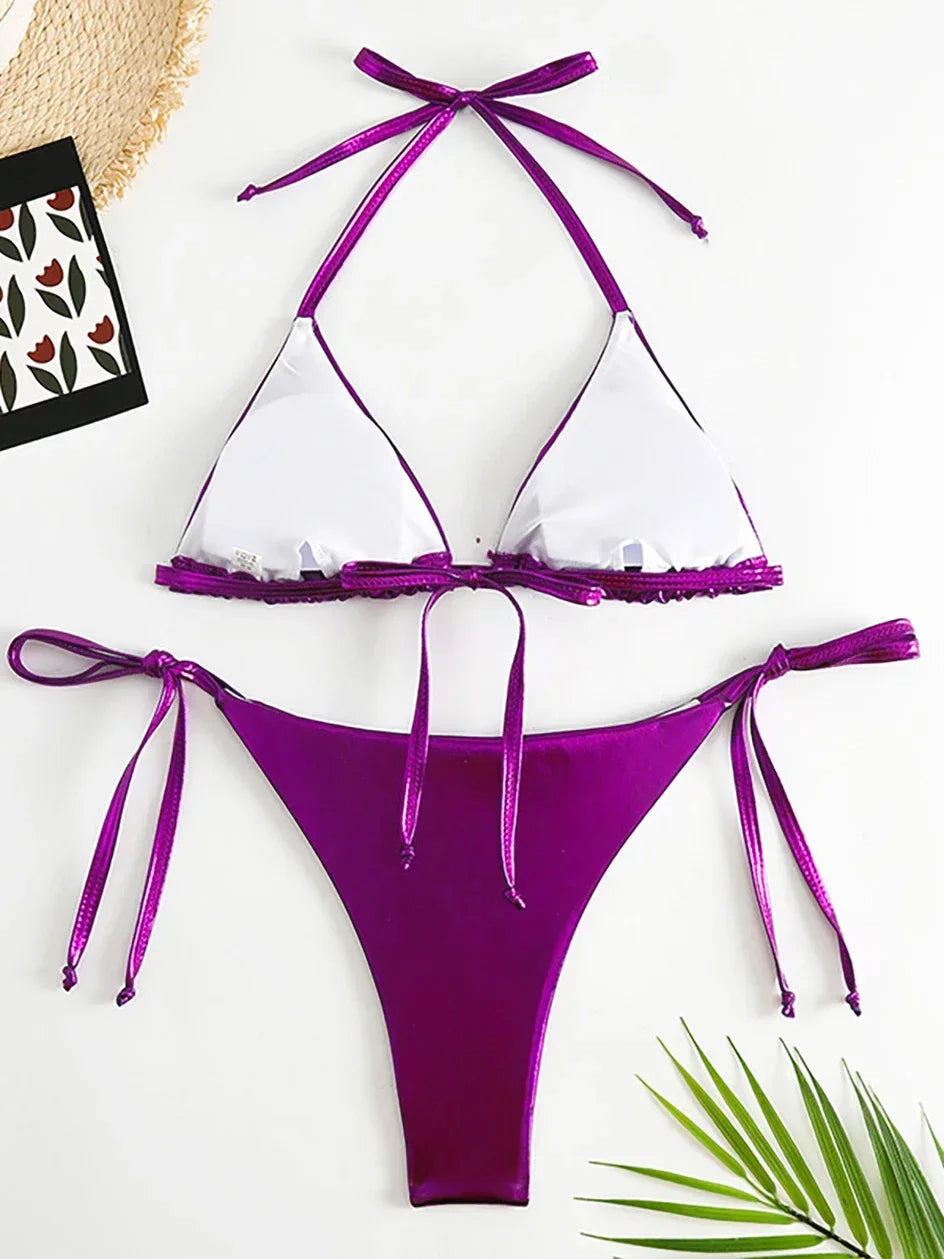 Sexy Metallic Halter Bikinis Sets Lace Up Triangle Tie Side Bikini 2026 Swimsuit Women Swimwear Brazilian Female Bathing Suits