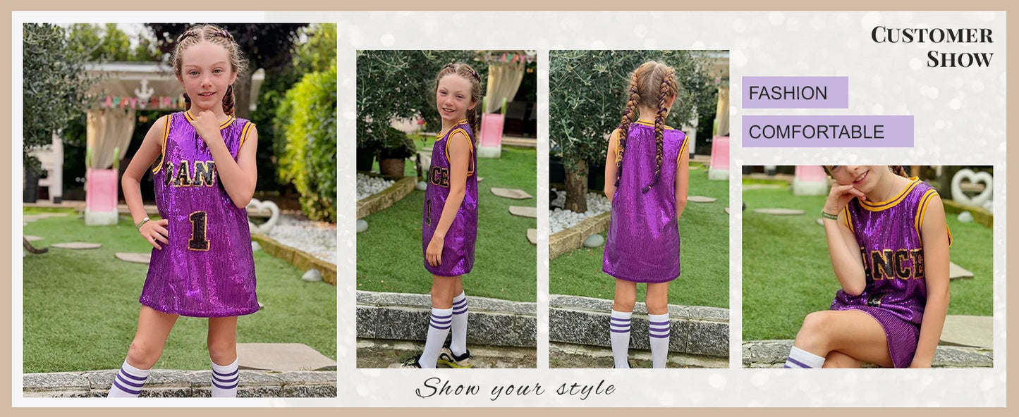 LOlanta Girls Hip Hop Dance Clothes Kids Jersey Sequin Dress Long Tank Top Jazz Cheerleading T-Shirt