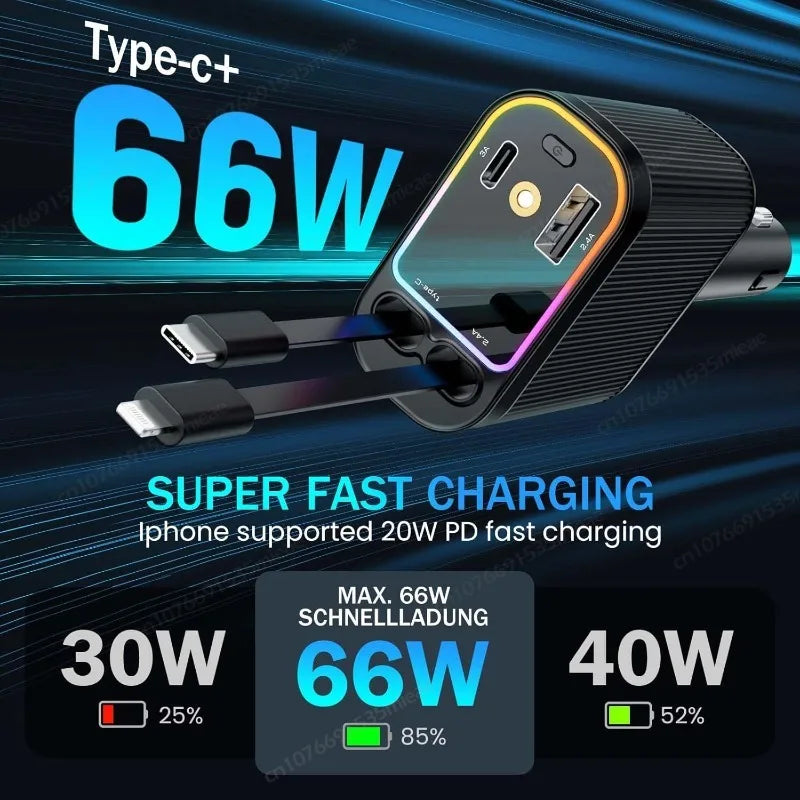 New Starlight in Car Roof Retractable Car Charger,66W 4 in 1 Fast Car Phone Charger,2 Retractable Cables & USB-C Charger Adapter