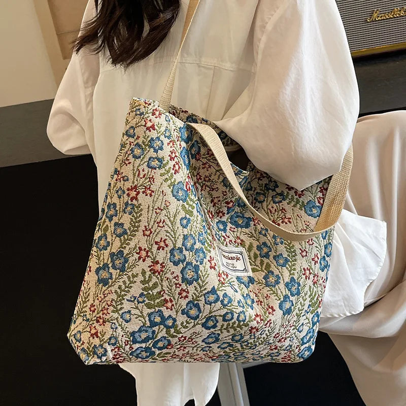 Stylish Corduroy Tote Bag for Women Bohemian Ethnic Style Shoulder Bag for Daily Commuting Shopper Office Worker College Student