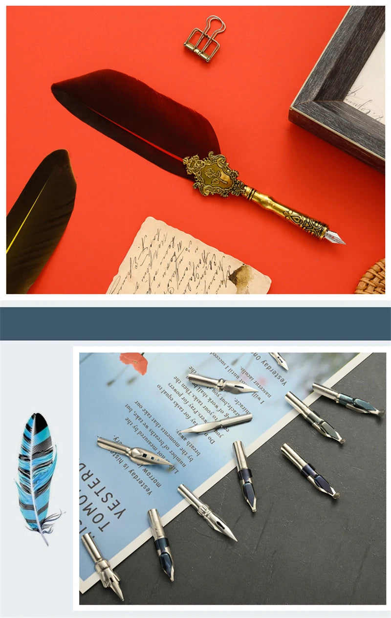 Sprinkling Gold Vintage Feather Pen Set Luxury Fountain Pen Ink Bottle Calligraphy Writing Dip Pen Nib Quill Birthday Gift Box