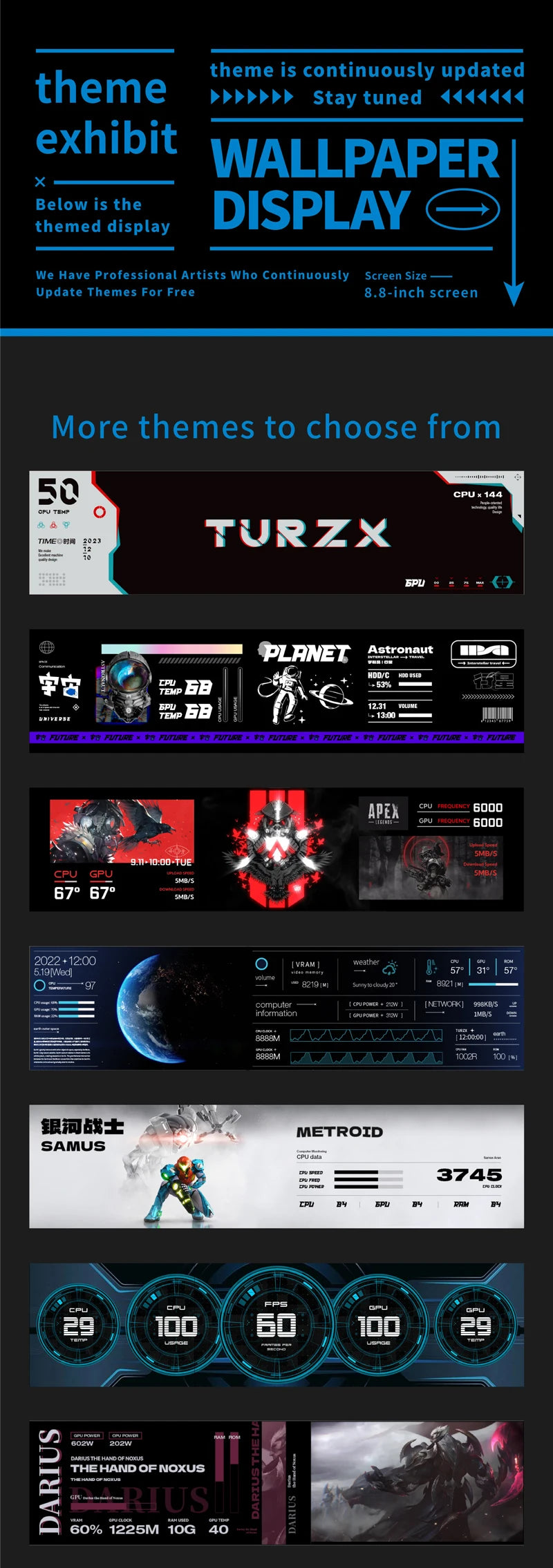 TURZX 8.8 Inch USB Secondary Screen Type-C Desktop Extended Display TF Card Play 1920*480 IPS LCD CPU RAM GPU Monitor NO AIDA64