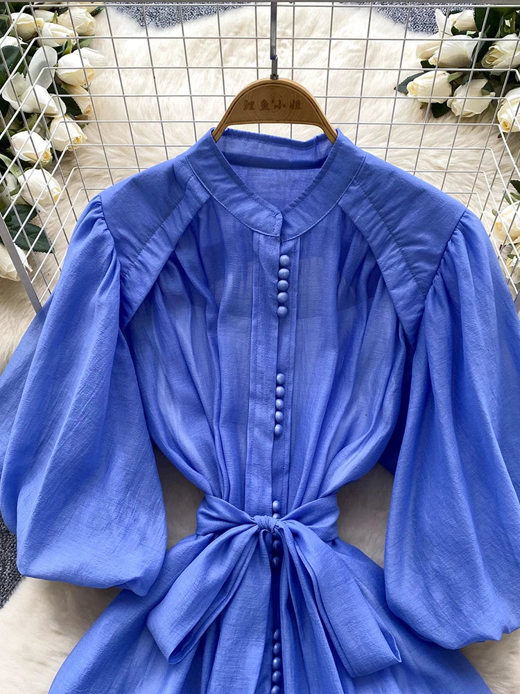 Summer Women's Puff Sleeve Shirt Dress Fashion Beach Vacation Party Birthday Blue White Exquisite Chiffon Mid Length Dress B06