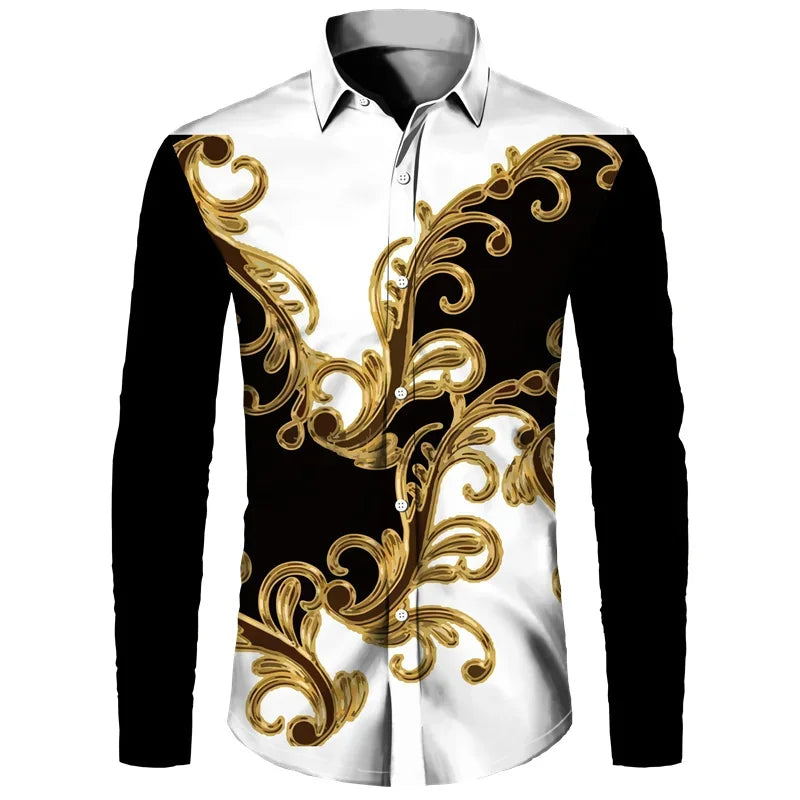 2024 New Luxury Golden Flower Chain 3D Print Men Lapel Button Shirts Long Sleeve Shirt Casual Mens Designer Clothing Streetwear