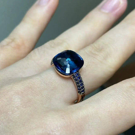 Flat Ring For Women Candy Color Crystal Ring Inlay Blue Zircon with Blackgun Plated Party Gift Fashion Jewelry For Women