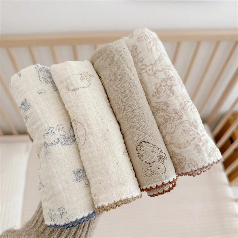 4Pcs Printing Towel Baby Face cloth Bath Towel Handkerchief Cotton Burp Cloth Soft Absorbent Gauze Kindergarten Washcloth 30cm