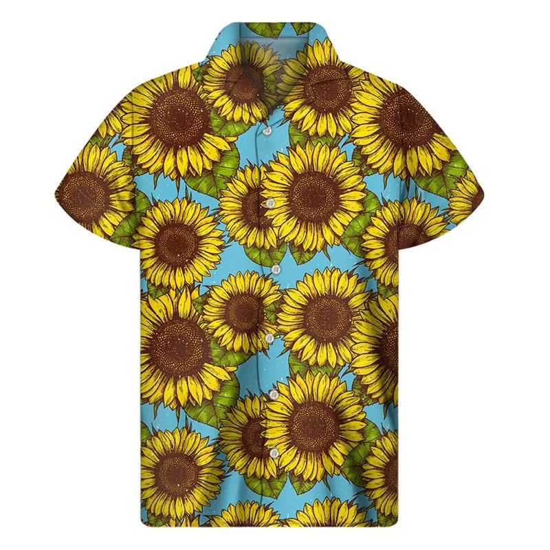 3d Plants Sunflower Print Shirt For Men Fashion Classic Short Sleeve Summer Vacation Shirts Breathable Tops Hawaiian Shirts