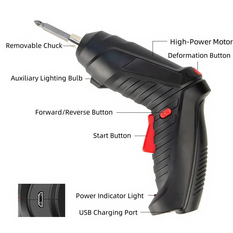 Electrical Screwdriver Handheld for Home Repair and DIY Right Angle Rotation Pistol Bored Drill LED Lights Long Battery Life