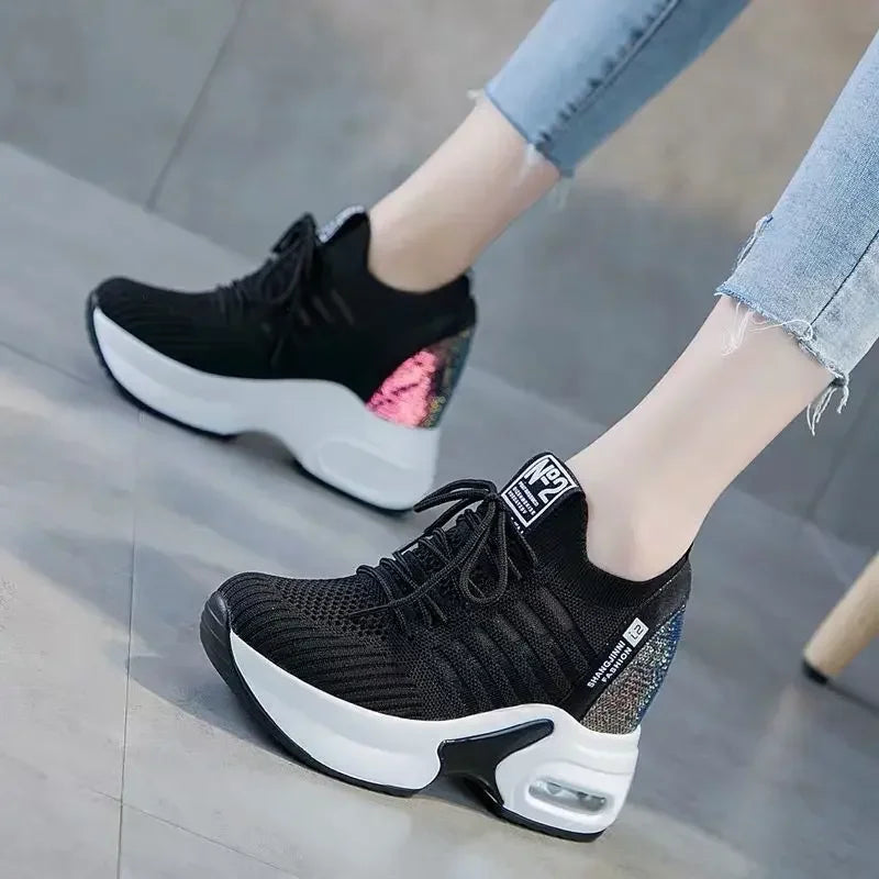 2025 Women's Sneakers Spring Sequined Casual Shoes Woman Platform Heels Wedges Height Increasing Knitted Ladies Vulcanized Shoes