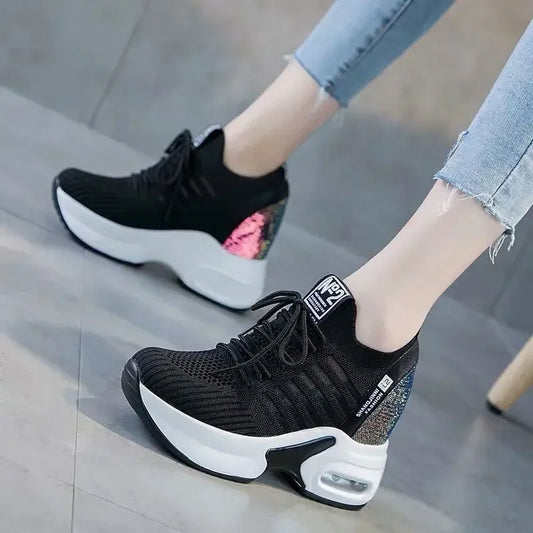 2025 Women's Sneakers Spring Sequined Casual Shoes Woman Platform Heels Wedges Height Increasing Knitted Ladies Vulcanized Shoes