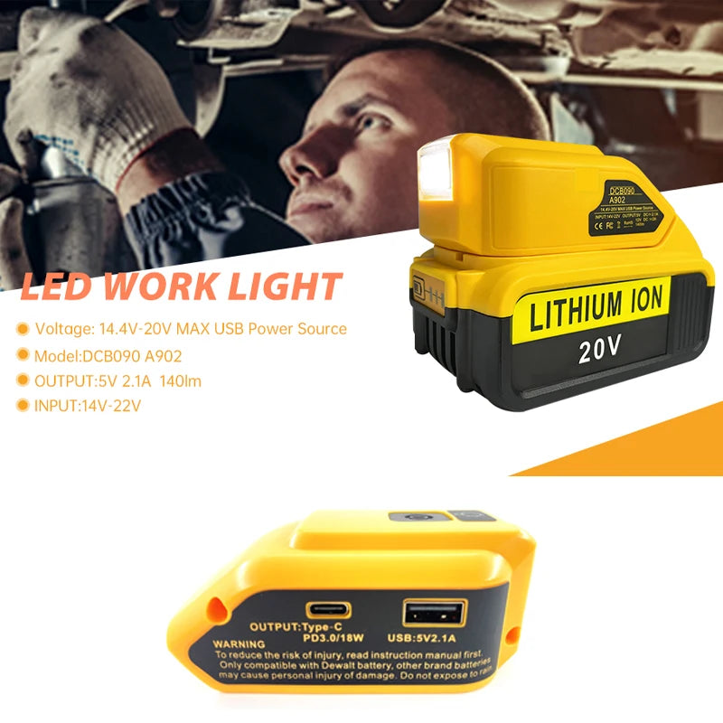 Replacement DCB090 Power Source For Dewalt 20V 18V Battery Adapter with Dual USB DC 12V LED Work Light Converter Power Supply