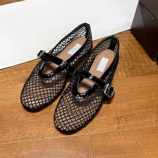 Designer brand original mesh buckle ballet sandals with women's hollow flat bottom Mary Jane mesh fishing net shoes