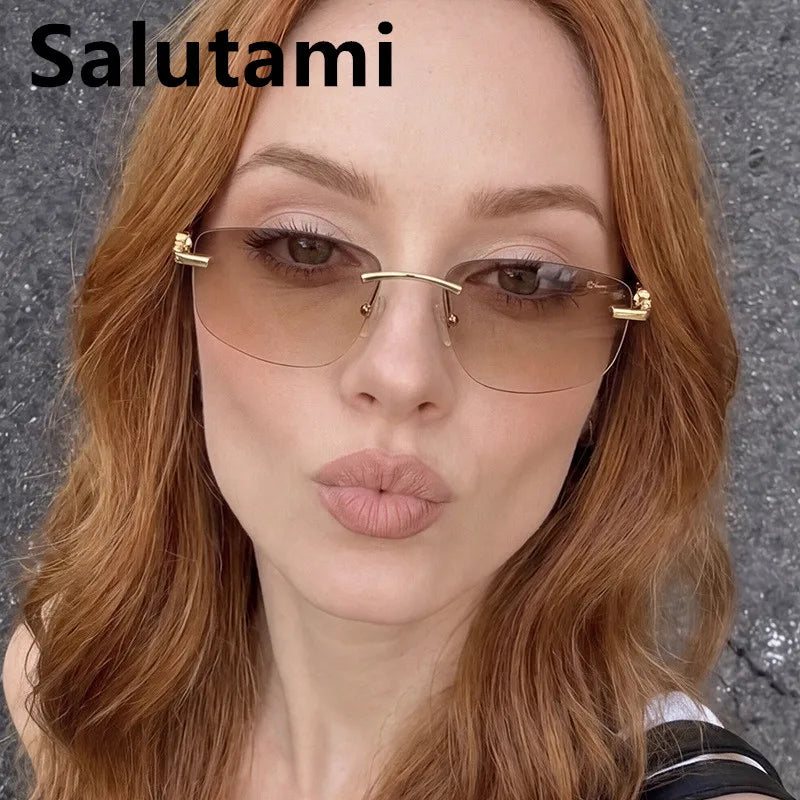 cutting rimless square sunglasses for women new fashion brand beige gradient sun glasses ladies alloy elegant shades driving