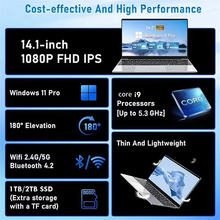 ACEKAMAS 14.1" intel Core i9-10980HK laptop 16GB RAM 1/2TB SSD Portable laptops Windows 11 Pro Office Gaming Notebook computer