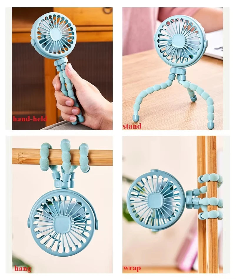 Baby Stroller Fan Mini Portable Outdoor Fan USB 3 Speed Flexible Octopus Fan Tripod Clip on Handheld Fan for Stroller Crib