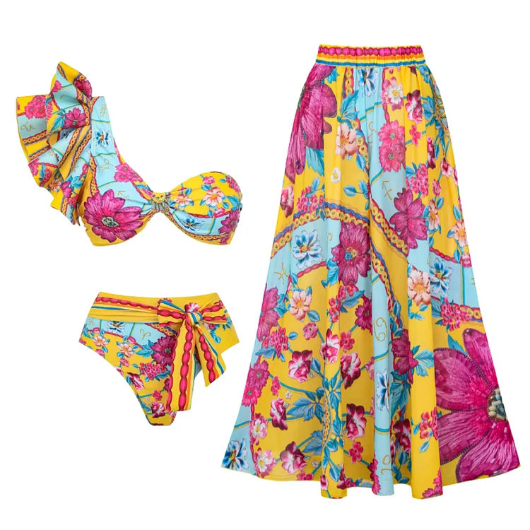 Flaxmaker Summer New Women Sexy Hawaiian Lace Up V Neck Ruffle Swimsuit and Sarong Women Swimwear Set Push Up Bathing Suit