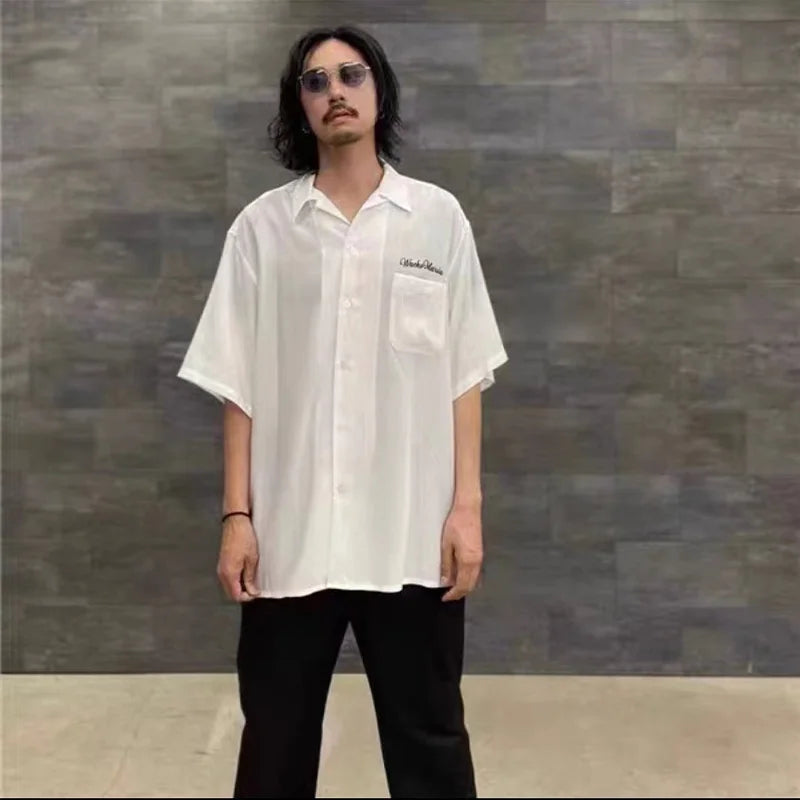 High-end Summer WACKO MARIA Solid Color Cursive wackomaria Embroidery Logo Simple Hawaii Short Sleeve Shirt