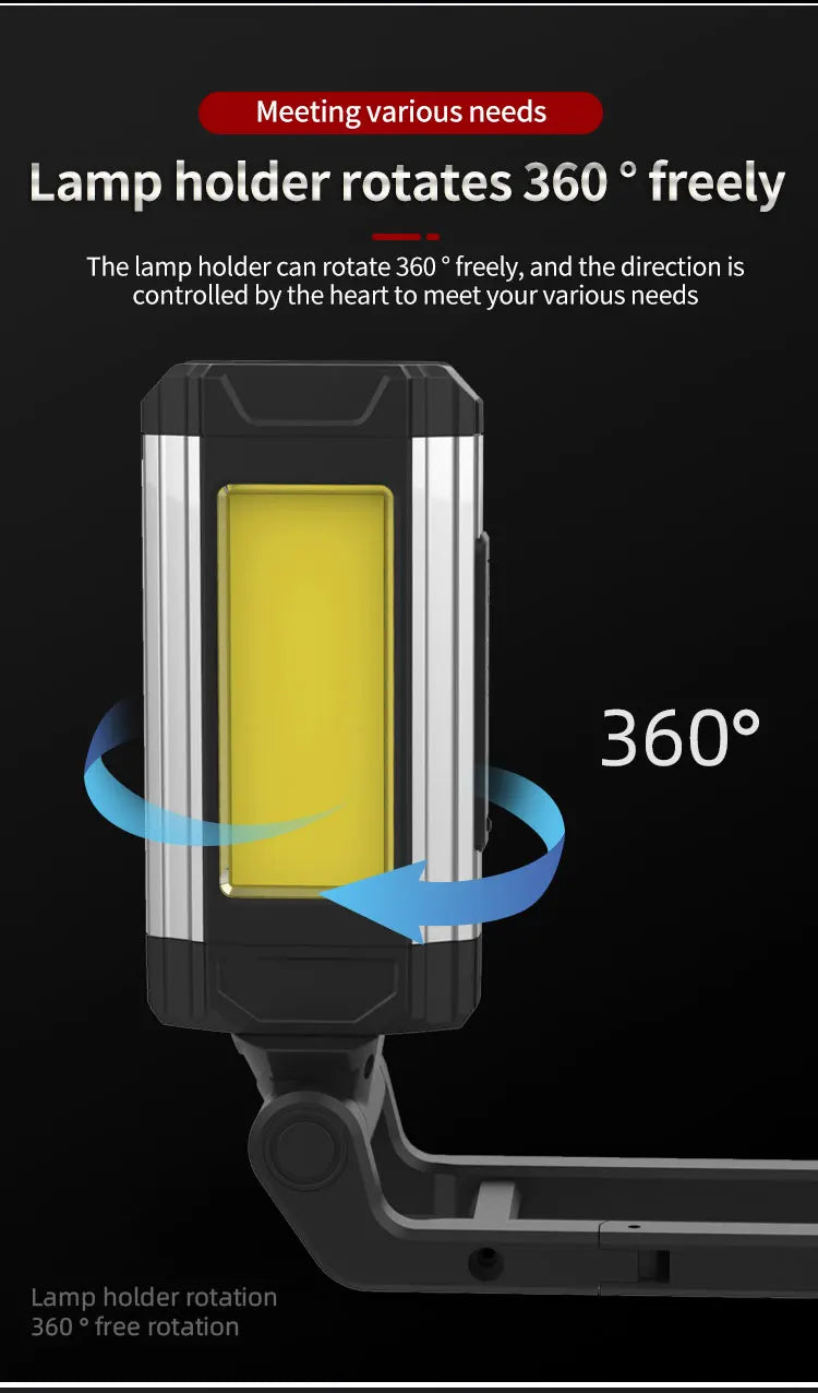 Portable COB Magnetic Work Light Rechargeable LED Flashlight Super Bright Camping Waterproof Car Repair Lamp with Brackets
