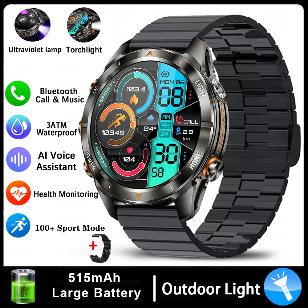 Military Smart Watch Men 10ATM Waterproof 1.46" AMOLED Screen LED Flashlight 515mAh Battery Heart Rate Sport BT Call Smartwatch
