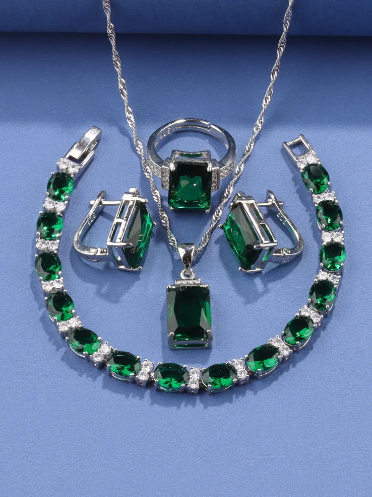 Rectangle 925 Silver Jewelry Accessory Fashion Vintage Original Set Of Earrings Women's Ring  Hand Bracelets Necklace Pendant