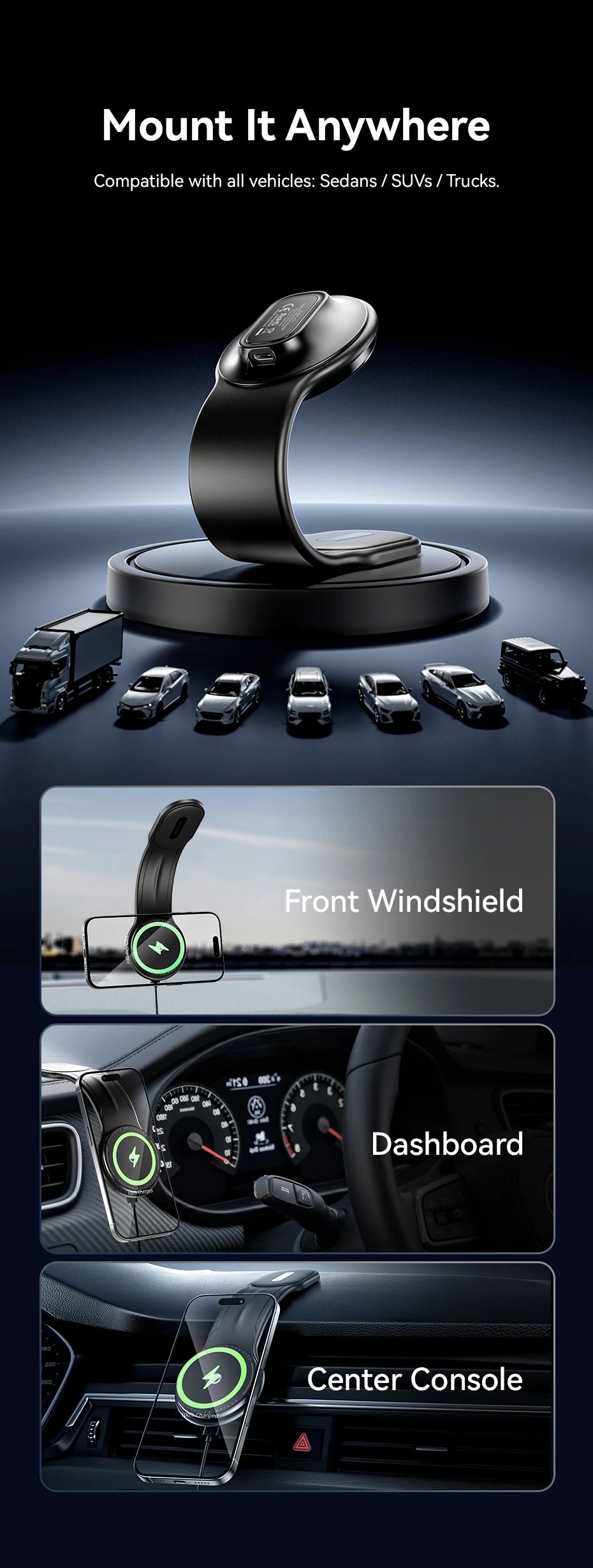 Vention Magnetic Car Phone Holder Mount Adhesive Style Adjustable Dashboard Magsafe For iPhone 12-17 15W Wireless Fast Charging