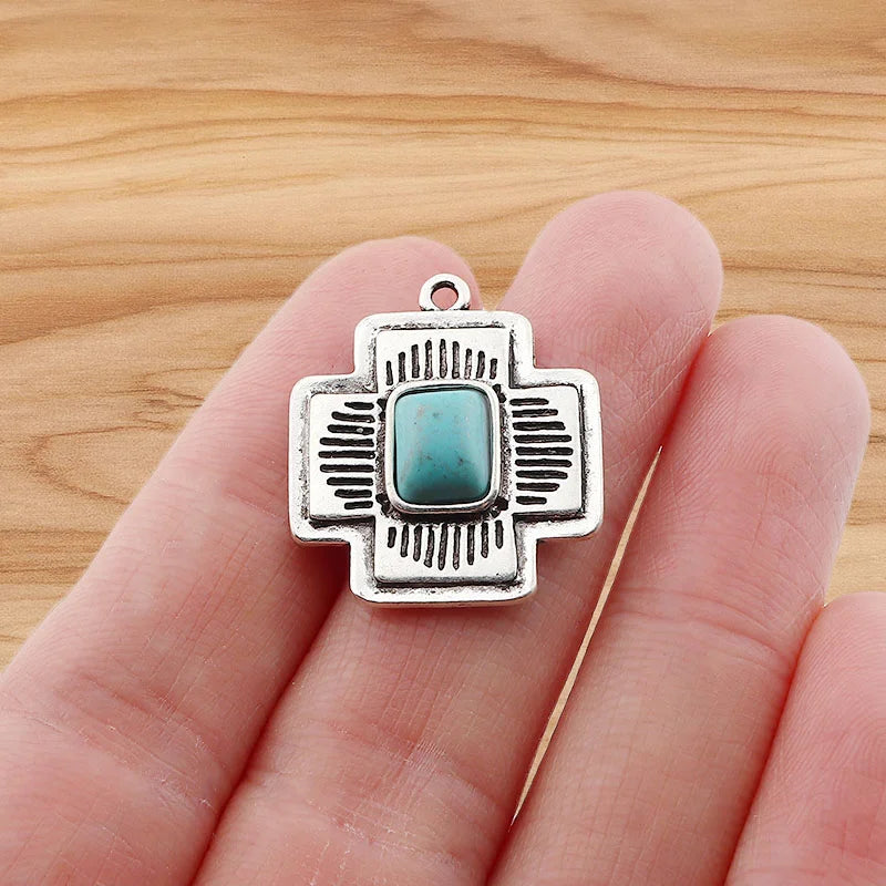 4 Pieces Tibetan Silver Color & Turquoise Crystal Hollow Charms Pendants For DIY Necklace Jewelry Making Accessories