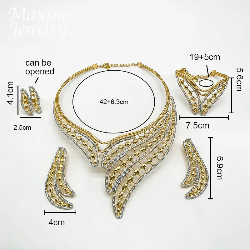 Feather Two Tones Geometric Design Jewelry Set Women Collar Necklace Earring Bracelet Ring African Bridal Wedding Party Gifts