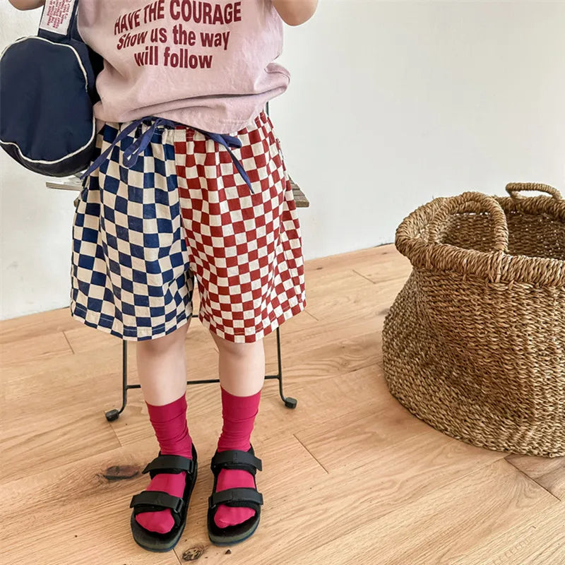 deer jonmi 2023 Summer Korean Style Children Plaid Patchwork Shorts Baby Boys Casual Chic Loose Shorts Kids Clothes