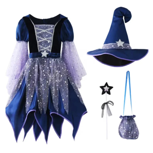 Halloween Party Costumes Witch Dress for Girls Kids Carnival Witch Costume Cosplay Dress Bag Hat Wand Suit