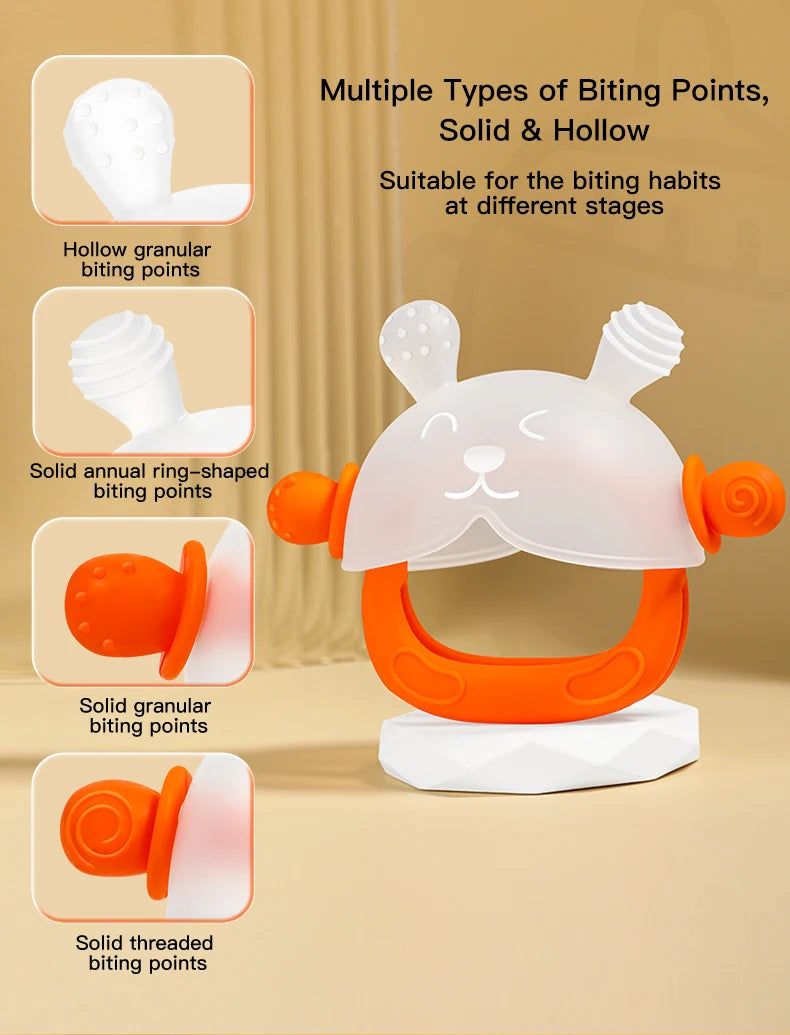 360° Hand Sucking Protection Teether - Cute Bunny Design with Full-Hand Grip, Hollow & Solid Biting Surfaces, Baby Toy