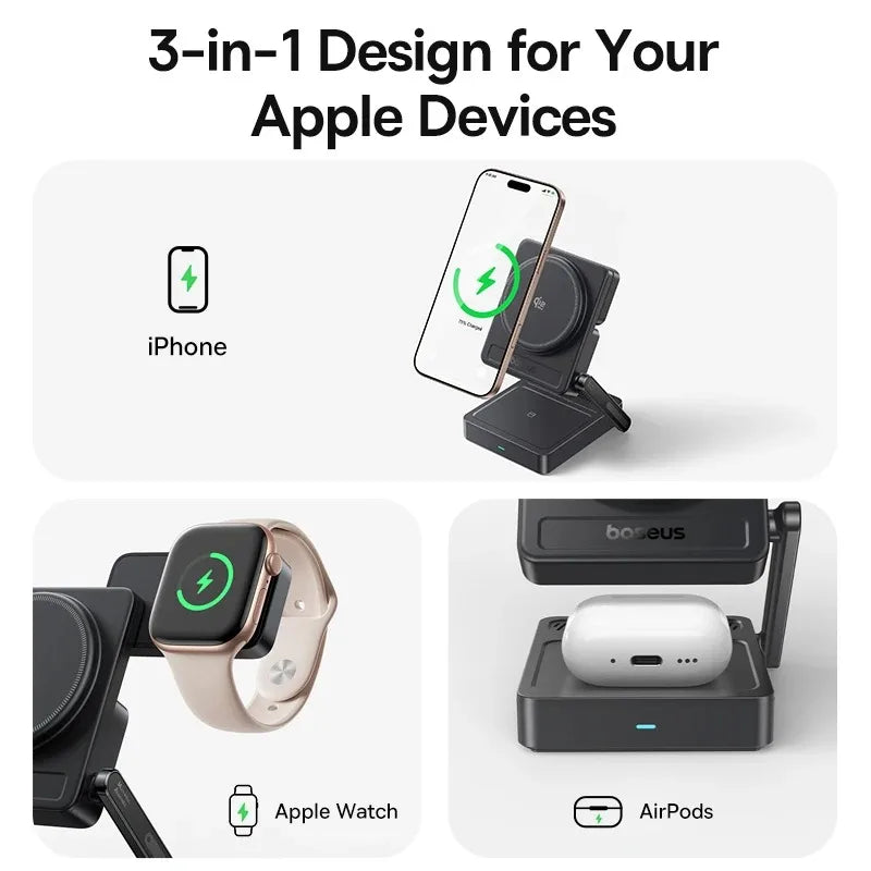 Baseus 3 in 1 Magnetic Wireless Charger Qi2.2 35W Fast Charging for IPhone 17 16 15 14 IWatch Earbuds AirPods Pro IWatch