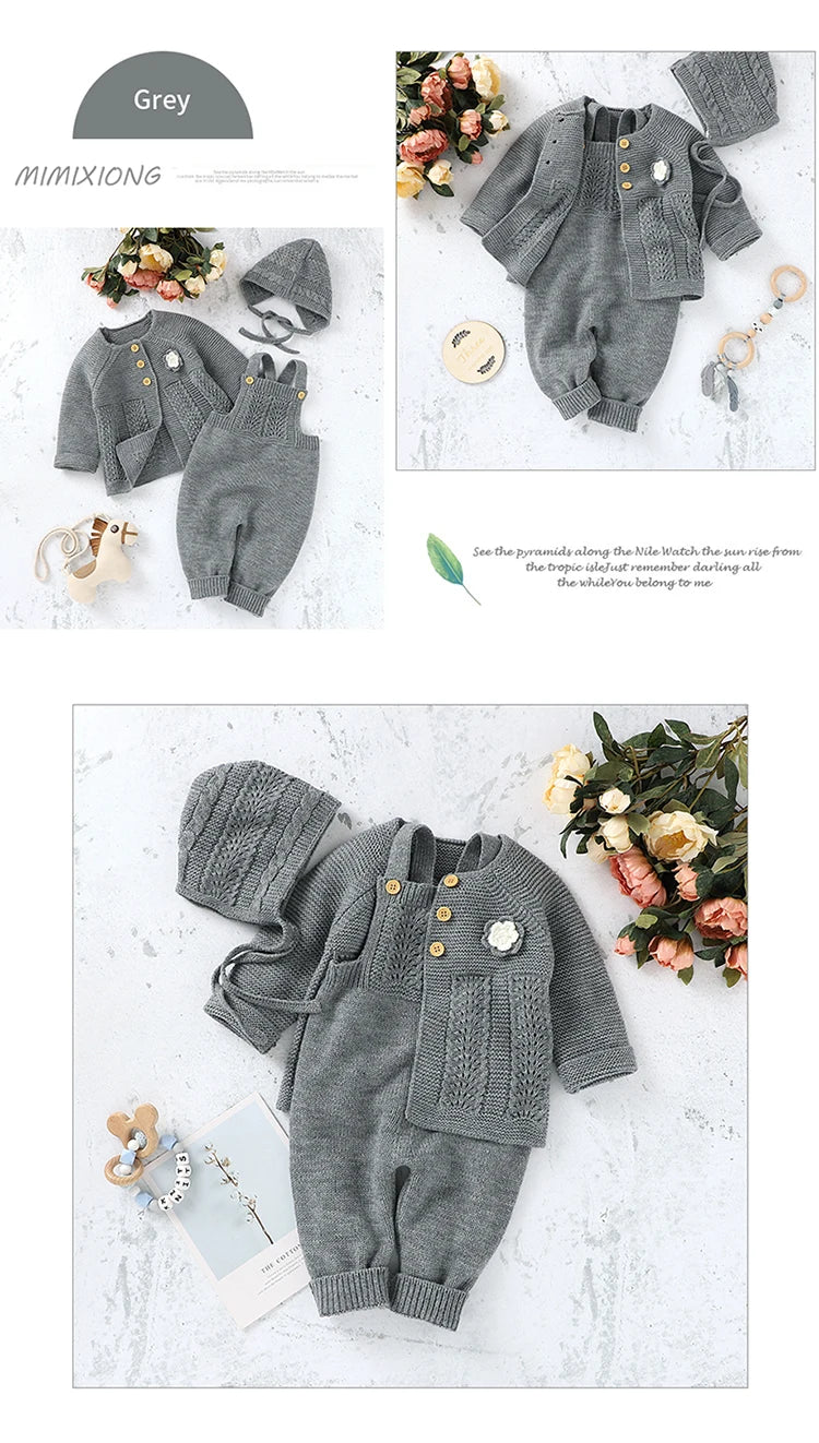 Baby Romper Set Knit Autumn Newborn Girl Boy Long Sleeve Coat Jumpsuit Outfit Hat 3PC Fashion Solid Infant Clothing Suit Sweater