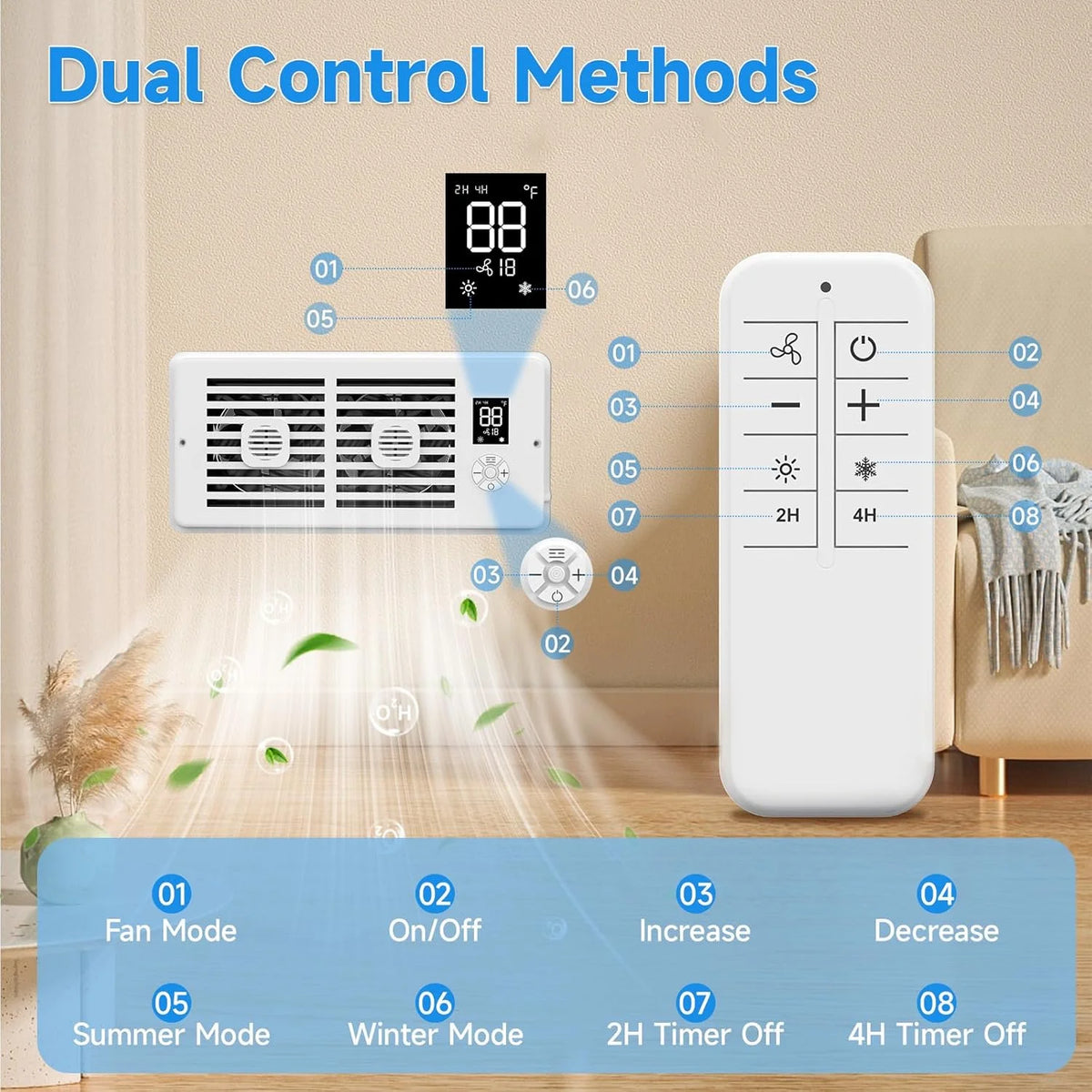 Register Booster Fan 4*10Inch Smart Heating Cooling AC Vent Fan With Remote Control & Thermostat Control Household Radiator