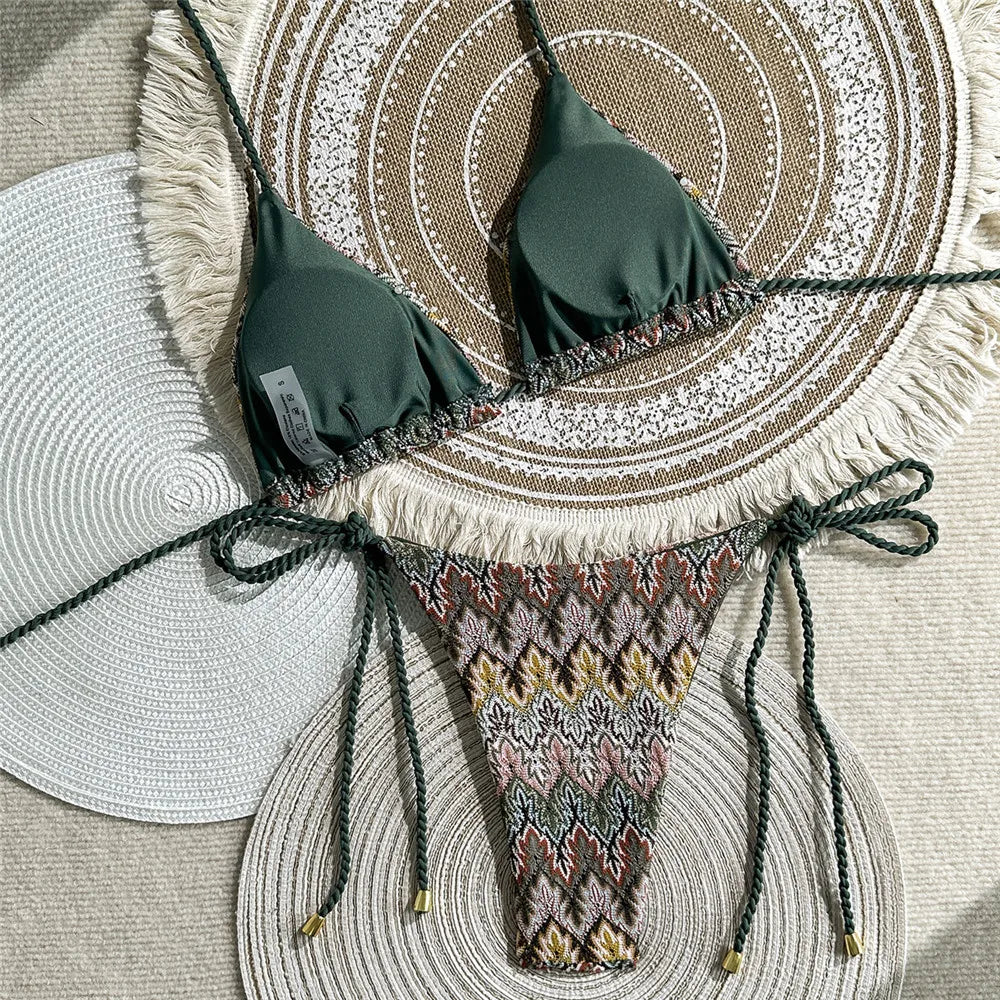 Halter String Triangle Bikinis Sets Micro Thong Swimsuit Women 2026 Vintage Geometric Swimwear Bathing Suti Bikini Mujer
