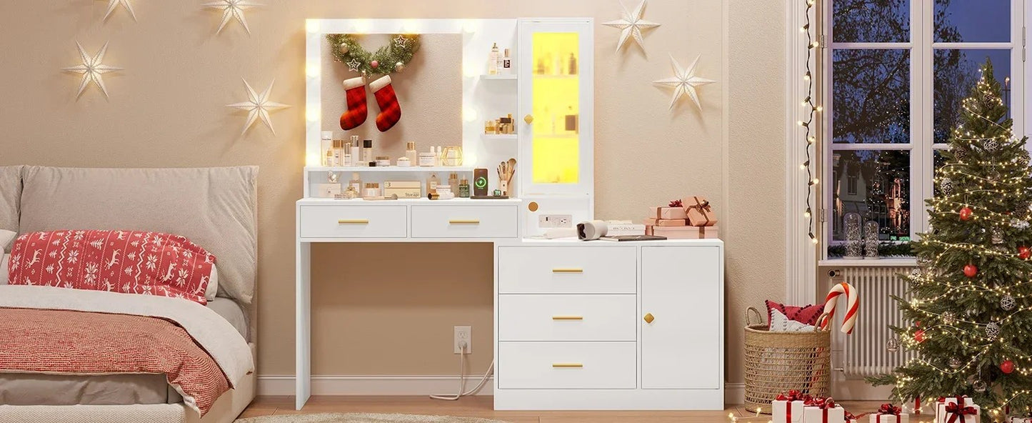 Vanity Desk, Makeup Vanity with Lights &amp; Charging Station and Ambient Light, Vanity Table with Dresser, Bedroom Furniture