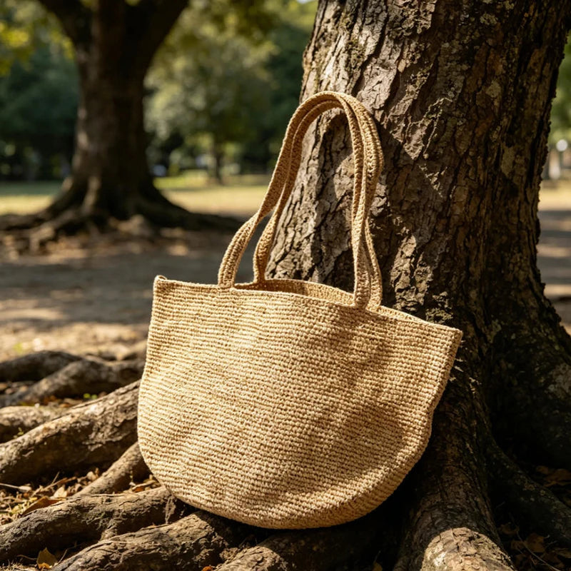 Summer Handmade Raffia Woven Bag, Women's Simple Fashion Shoulder Tote, Beach Vacation Straw Purse,Casual Lightweight for Travel