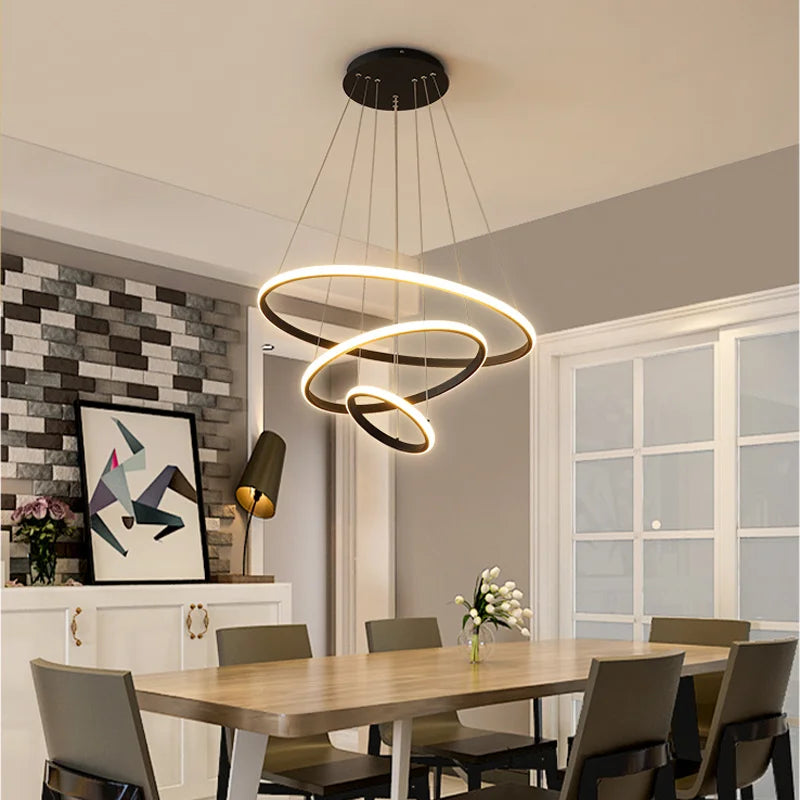 Led Circle Ceiling Hanging Chandelier Rings  Black Loft Living Dining Room Modern Pendant Lamp Kitchen Indoor Lighting Fixture
