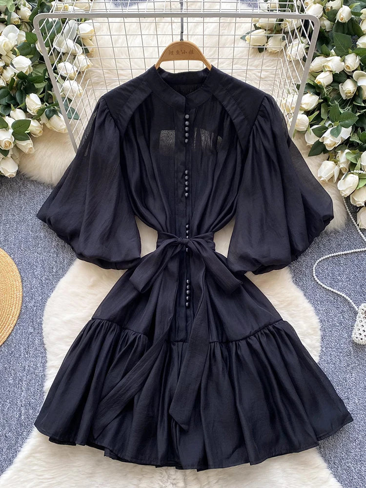 Summer Women's Puff Sleeve Shirt Dress Fashion Beach Vacation Party Birthday Blue White Exquisite Chiffon Mid Length Dress B06