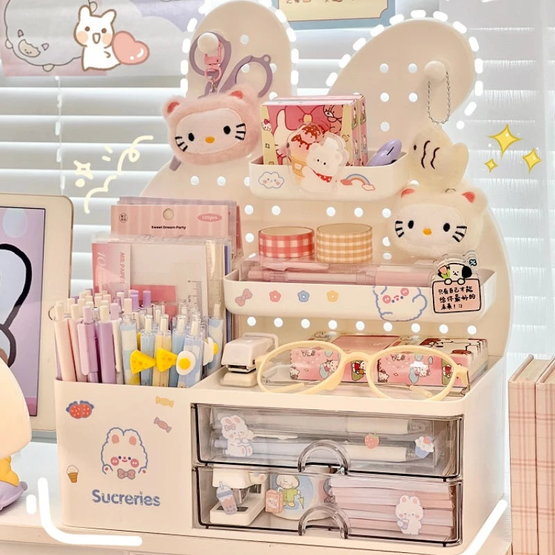Desktop Hole Board Storage Box Desk Organizer Girls Cute Pen Holder Storage Stationary Rack Korean Kawaii Bunny Cosmetic Shelf